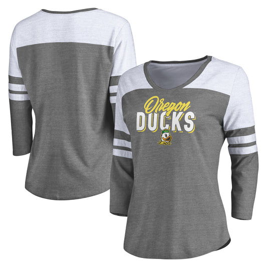 Women's Fanatics Heathered Gray/White Oregon Ducks Hustle 3/4-Sleeve V-Neck T-Shirt