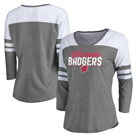 Women's Fanatics Heathered Gray/White Wisconsin Badgers Hustle 3/4-Sleeve V-Neck T-Shirt