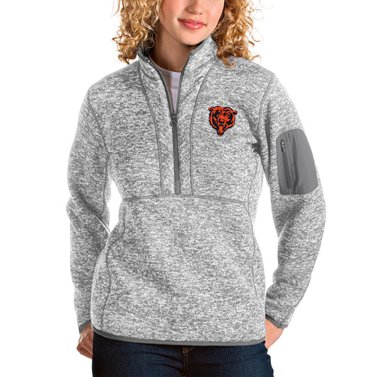 Women's Antigua Heather Gray Chicago Bears Bear Head Fortune Half-Zip Pullover Jacket