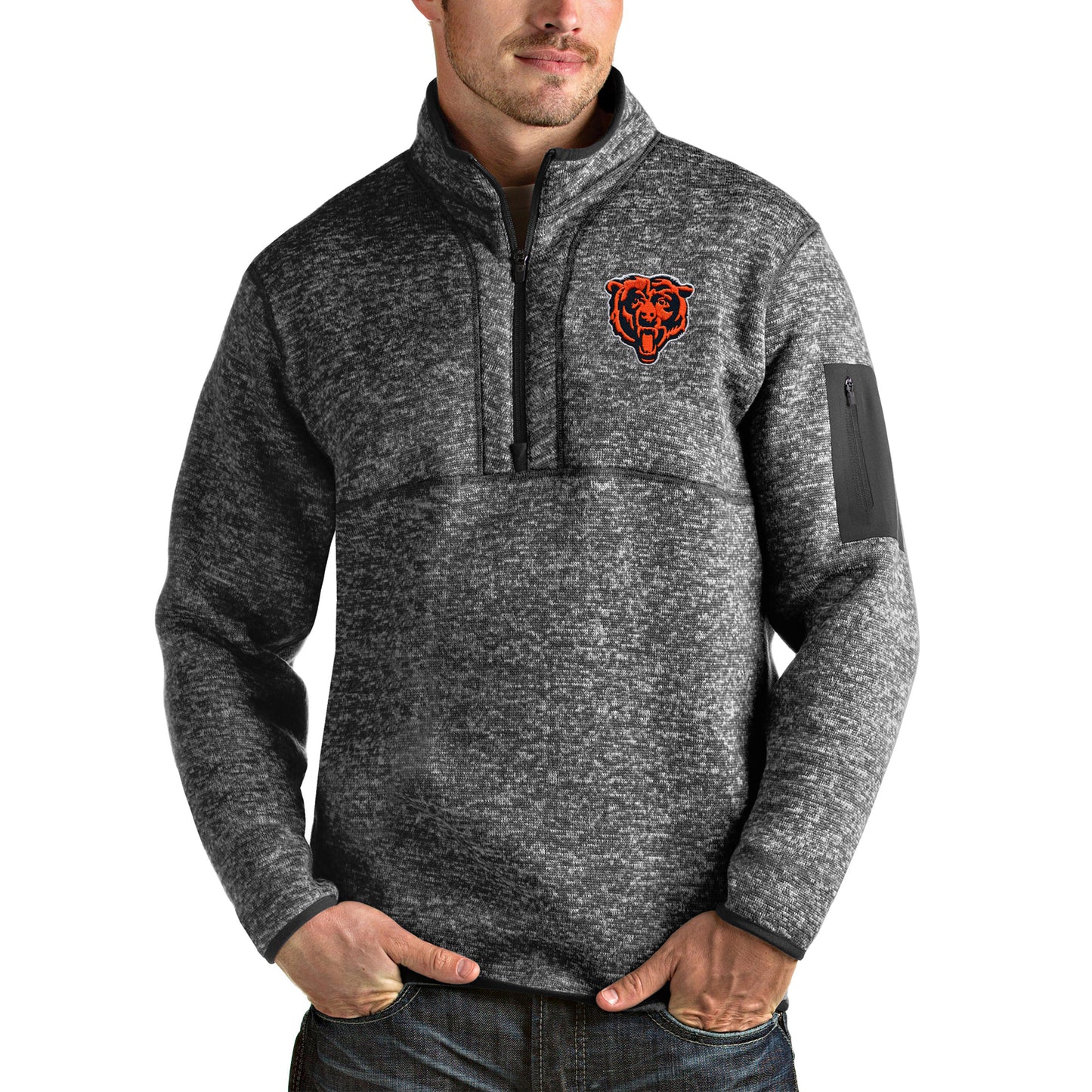 Men's Antigua Heathered Charcoal Chicago Bears Bear Head Fortune Quarter-Zip Pullover Jacket