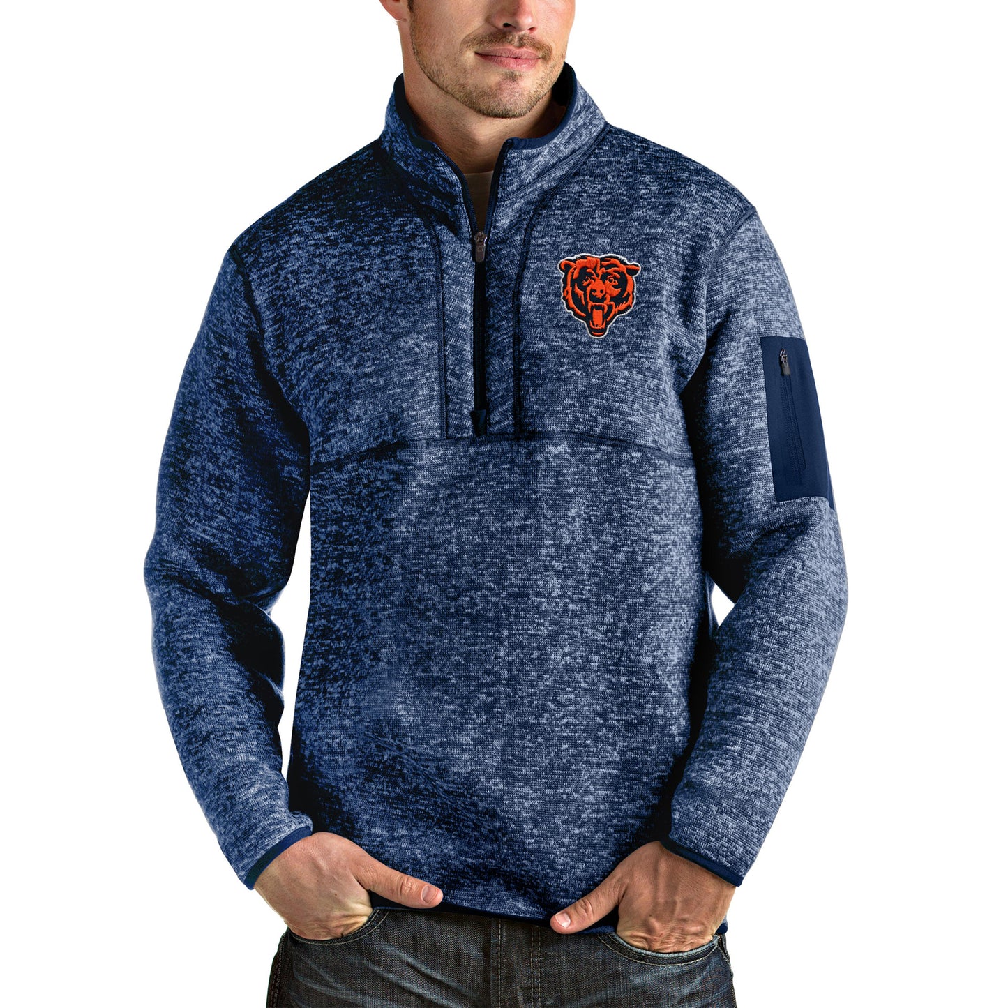 Men's Antigua Heather Navy Chicago Bears Bear Head Fortune Quarter-Zip Pullover Jacket