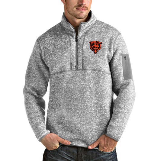 Men's Antigua Heather Gray Chicago Bears Bear Head Fortune Quarter-Zip Pullover Jacket