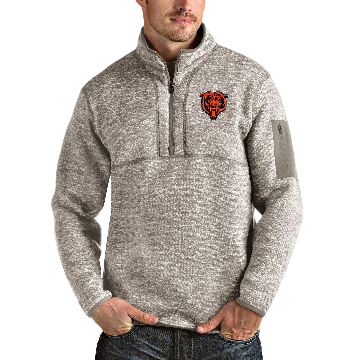 Men's Antigua Oatmeal Chicago Bears Bear Head Fortune Quarter-Zip Pullover Jacket