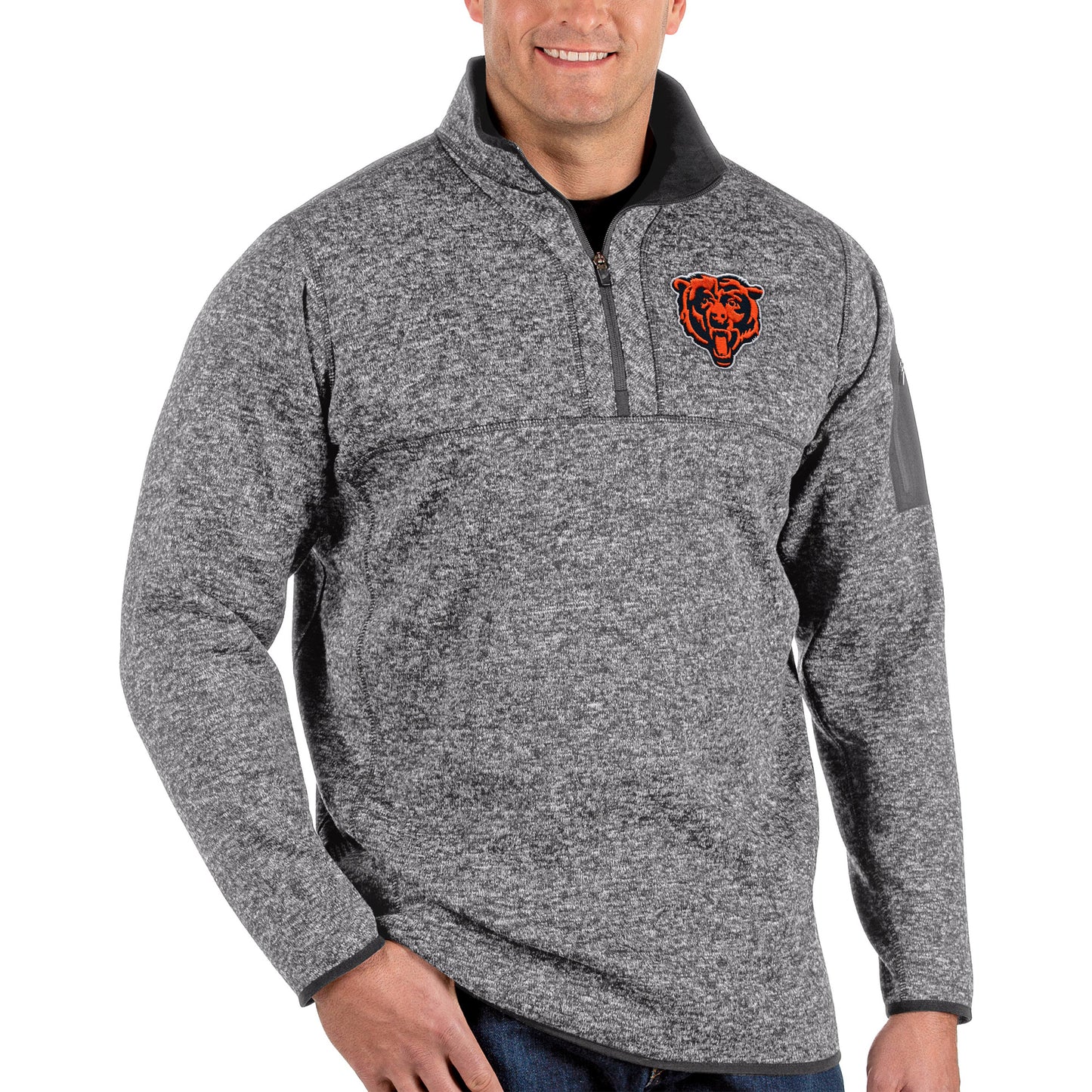 Men's Antigua Heather Charcoal Chicago Bears Big & Tall Bear Head Fortune Quarter-Zip Pullover Jacket