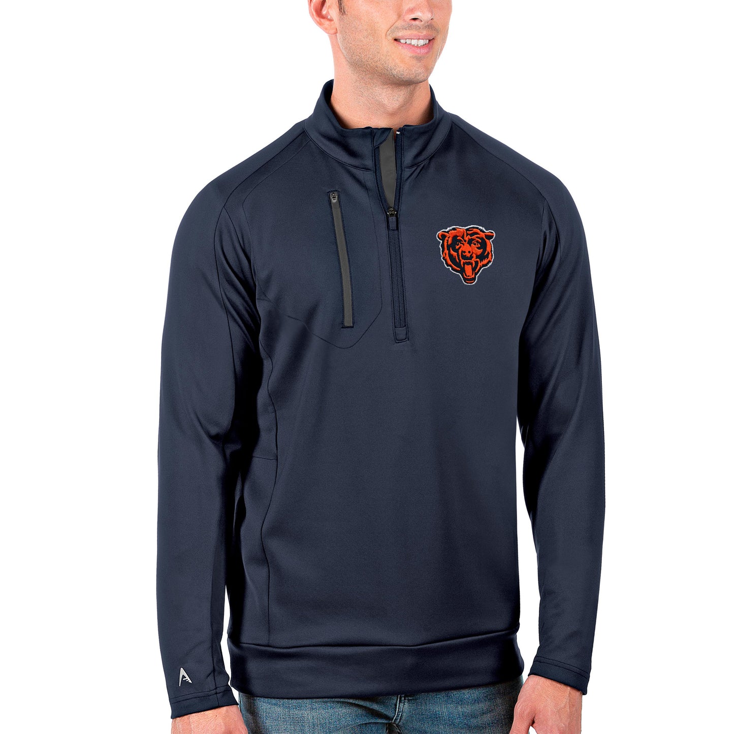 Men's Antigua Navy/Charcoal Chicago Bears Bear Head Generation Quarter-Zip Pullover Jacket