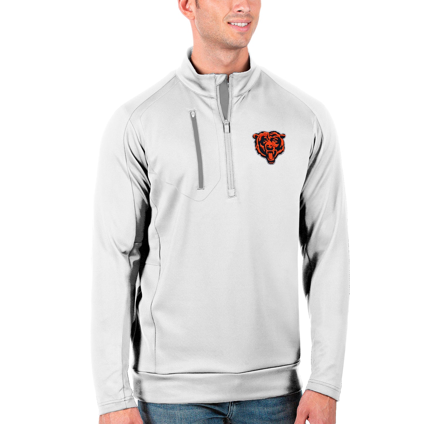 Men's Antigua White/Silver Chicago Bears Bear Head Generation Quarter-Zip Pullover Jacket