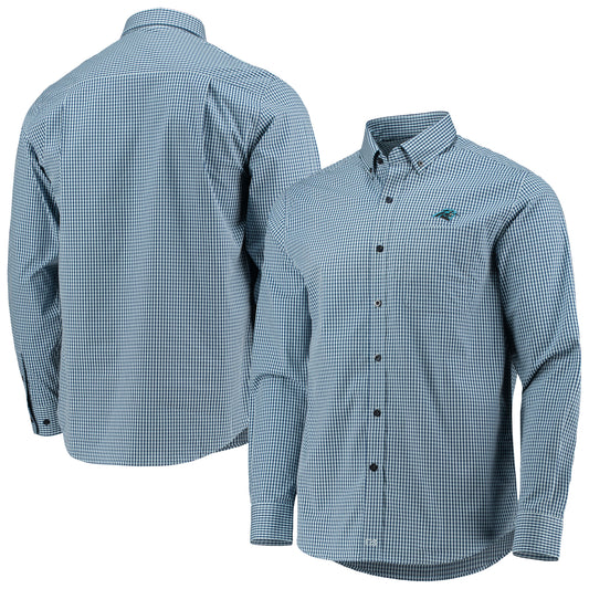 Men's Cutter & Buck Blue Carolina Panthers Anchor Gingham Long Sleeve Button-Up Shirt
