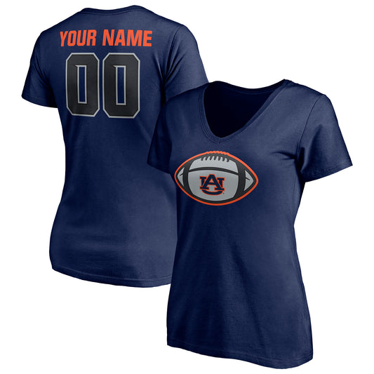 Women's Navy Auburn Tigers Game Ball Football Personalized Name & Number V-Neck T-Shirt