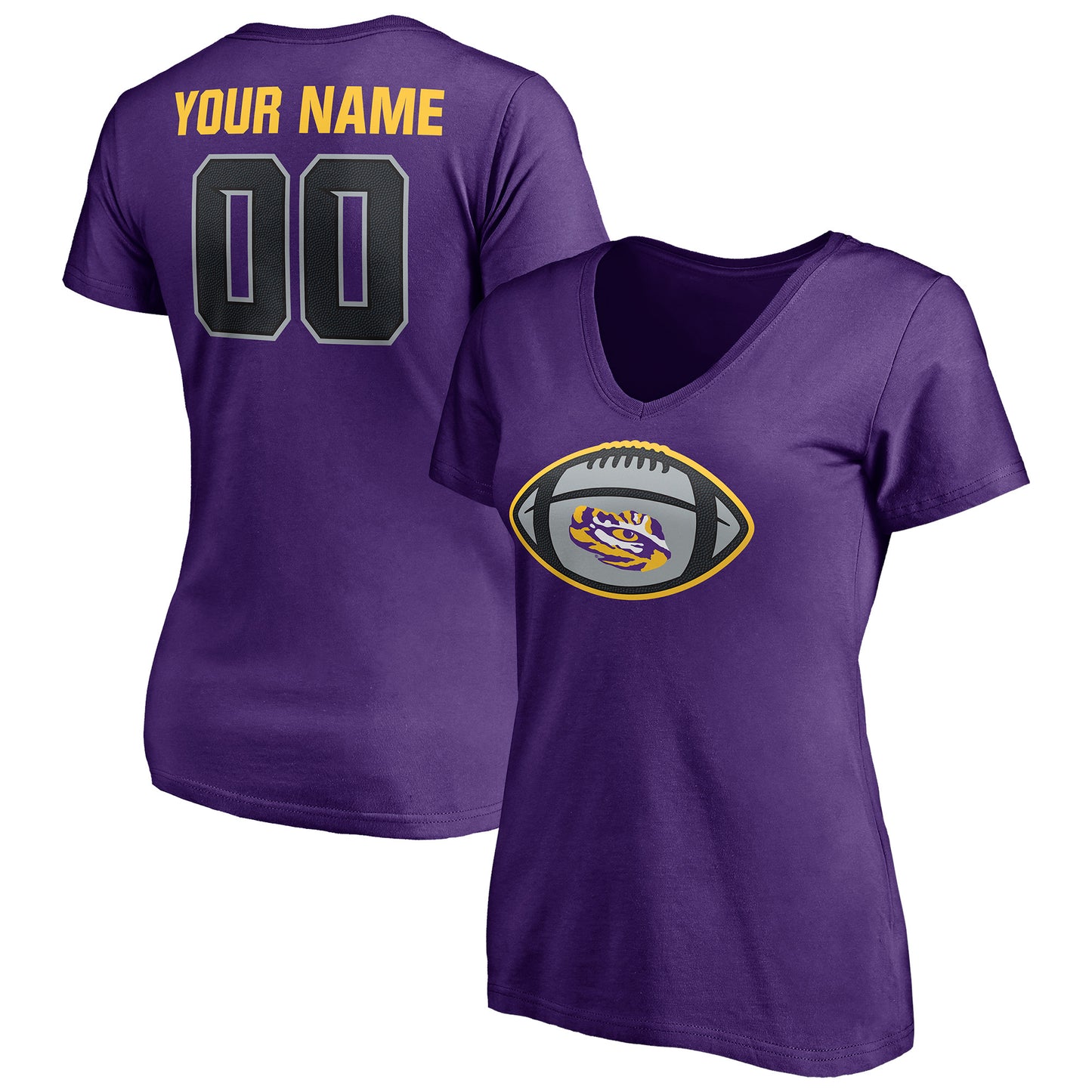 Women's Purple LSU Tigers Game Ball Football Personalized Name & Number V-Neck T-Shirt