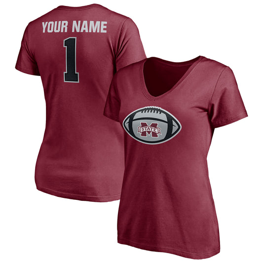 Women's Maroon Mississippi State Bulldogs Game Ball Football Personalized Name V-Neck T-Shirt