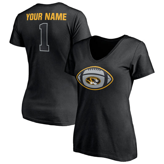 Women's Black Missouri Tigers Game Ball Football Personalized Name V-Neck T-Shirt