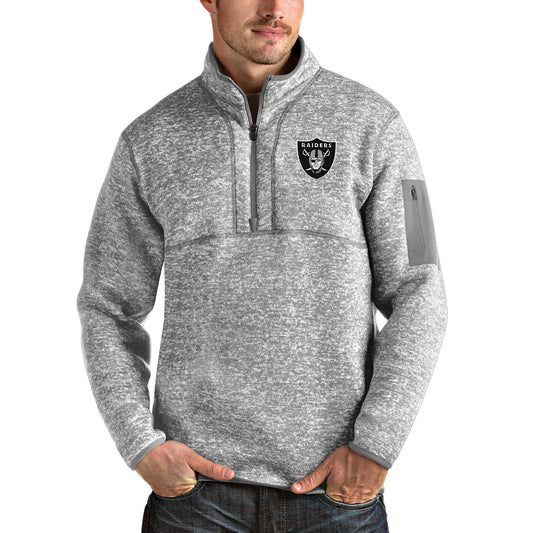 Men's Antigua Heather Gray Las Vegas Raiders Team Logo Fortune Quarter-Zip Pullover Jacket