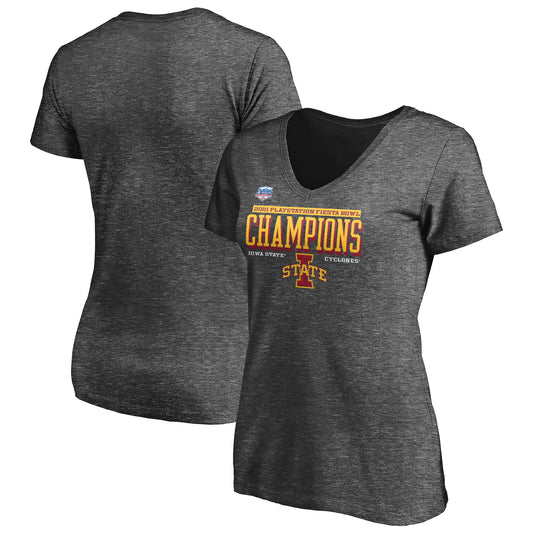 Women's Fanatics Charcoal Iowa State Cyclones 2021 Fiesta Bowl Champions Handoff V-Neck T-Shirt