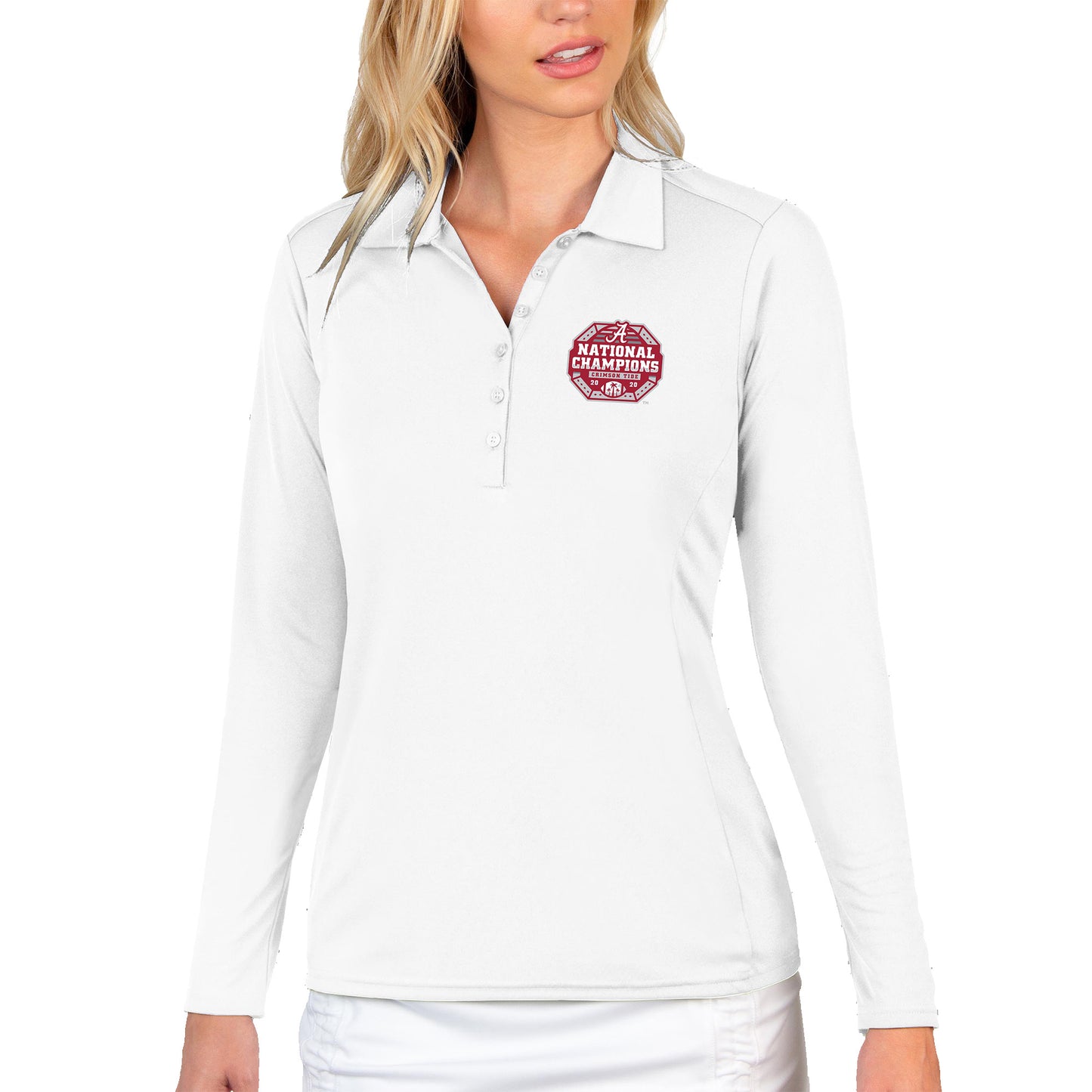 Women's Antigua White Alabama Crimson Tide College Football Playoff 2020 National Champions Tribute Long Sleeve Polo