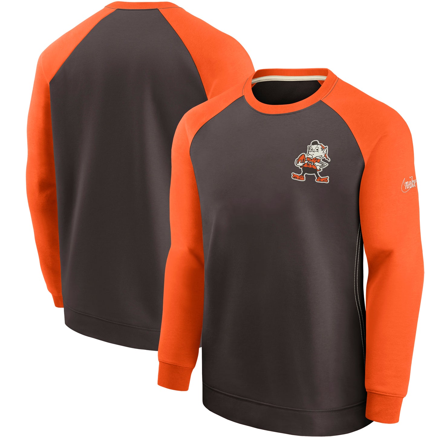 Men's Nike Brown/Orange Cleveland Browns Brownie The Elf Historic Raglan Crew Performance Sweater