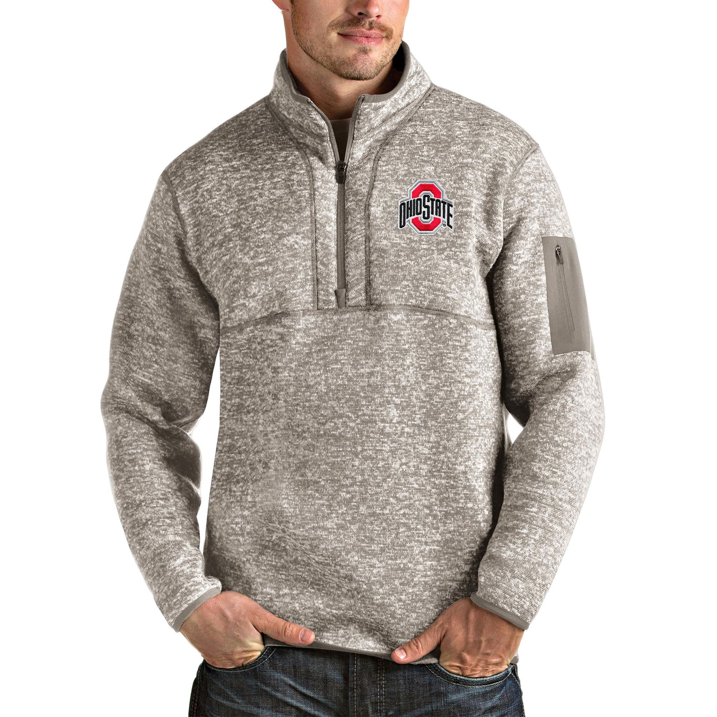 Men's Antigua Oatmeal Ohio State Buckeyes Fortune Half-Zip Pullover Jacket