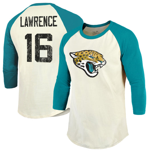 Men's Majestic Threads Trevor Lawrence Cream/Teal Jacksonville Jaguars Vintage Player Name & Number 3/4-Sleeve Fitted T-Shirt