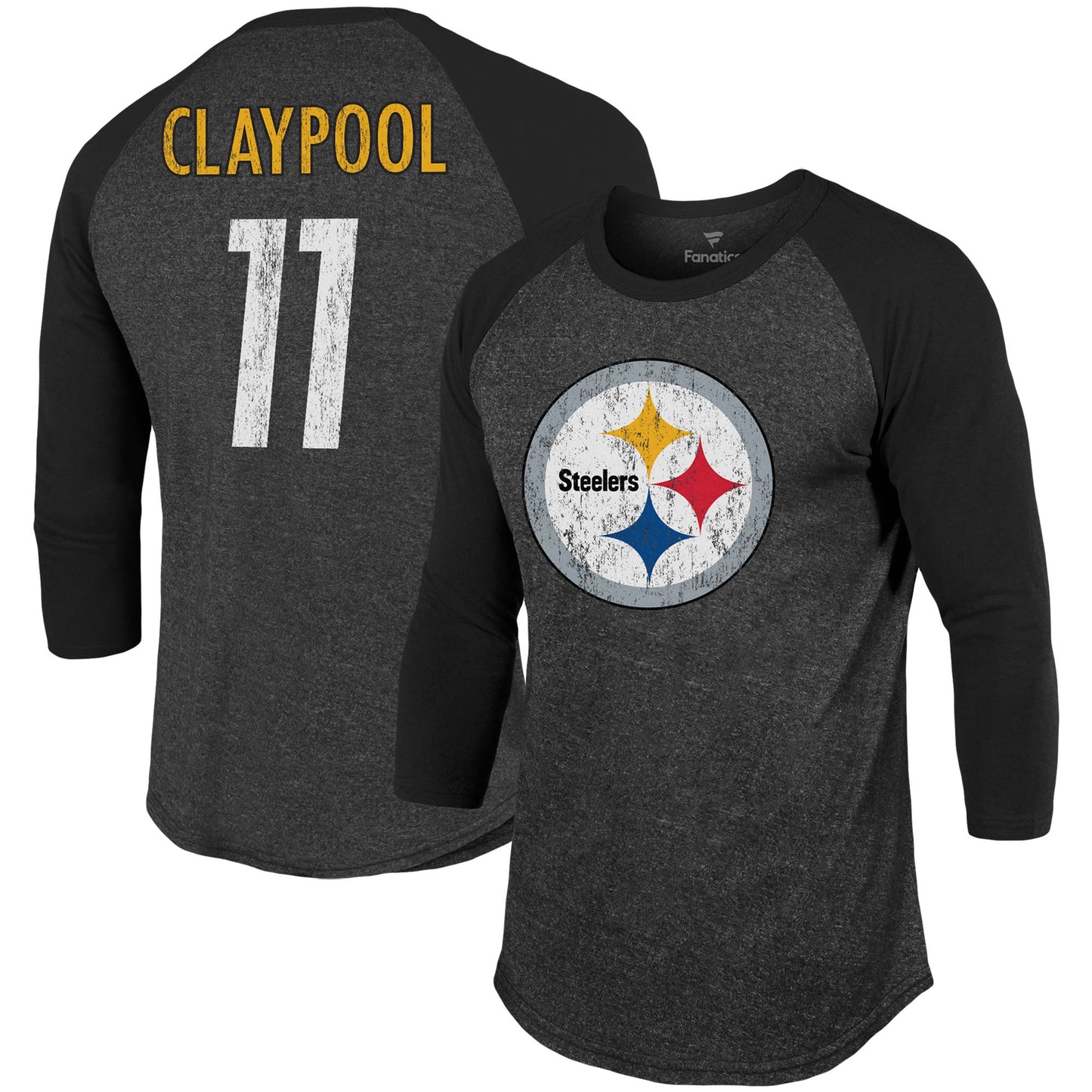 Men's Fanatics Chase Claypool Black Pittsburgh Steelers Team Player Name & Number Tri-Blend Raglan 3/4-Sleeve T-Shirt