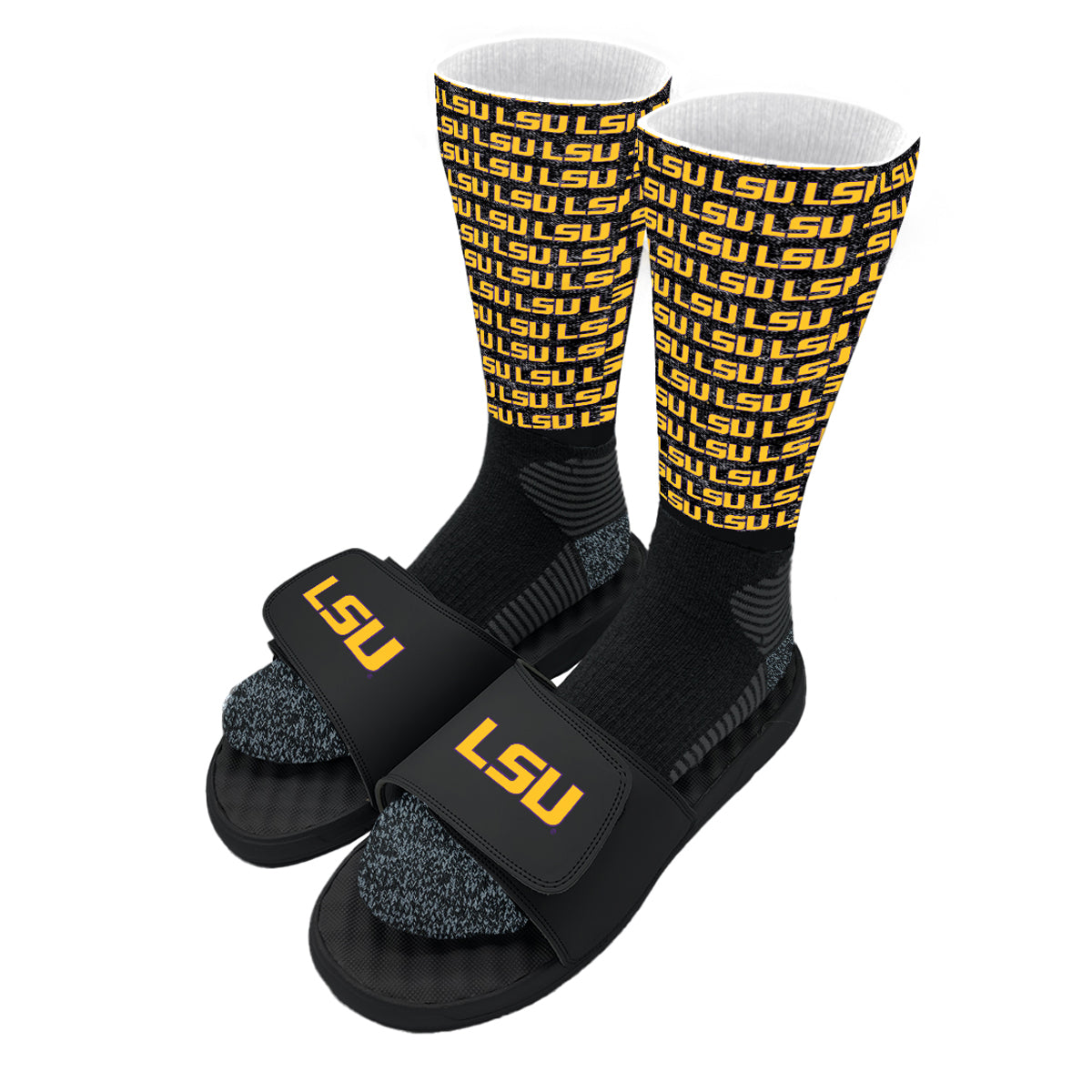 Youth ISlide Black LSU Tigers Pattern Sock & Slide Bundle