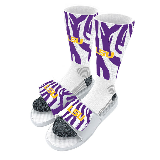 Youth ISlide White LSU Tigers Tiger Stripe Sock & Slide Bundle