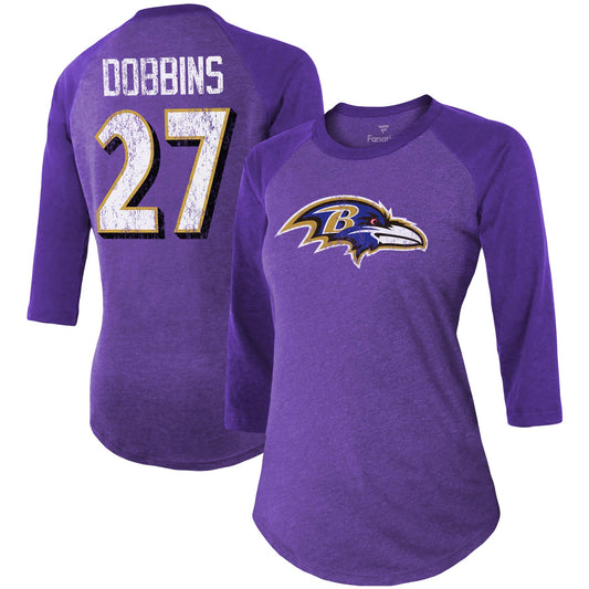 Women's Fanatics J.K. Dobbins Purple Baltimore Ravens Team Player Name & Number Tri-Blend Raglan 3/4-Sleeve T-Shirt