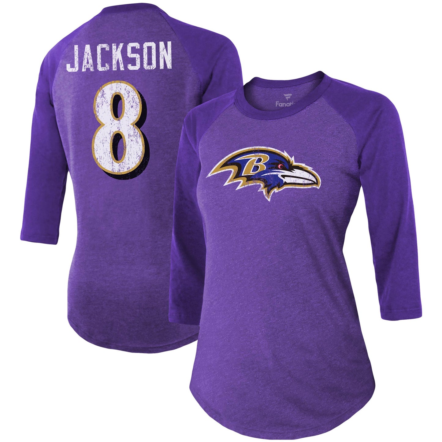 Women's Majestic Threads Lamar Jackson Purple Baltimore Ravens Player Name & Number Tri-Blend 3/4-Sleeve Fitted T-Shirt