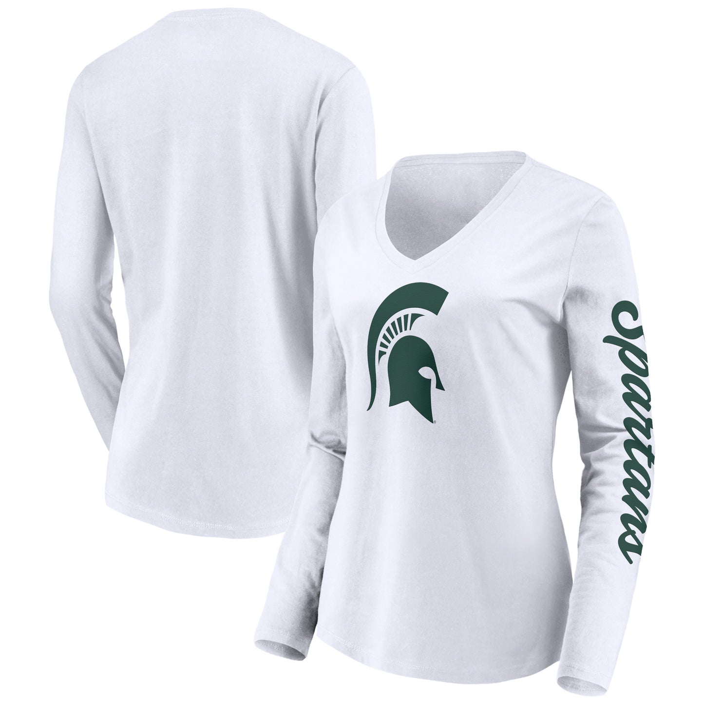 Women's Fanatics White Michigan State Spartans Logo and Script 2-Hit Long Sleeve V-Neck T-Shirt