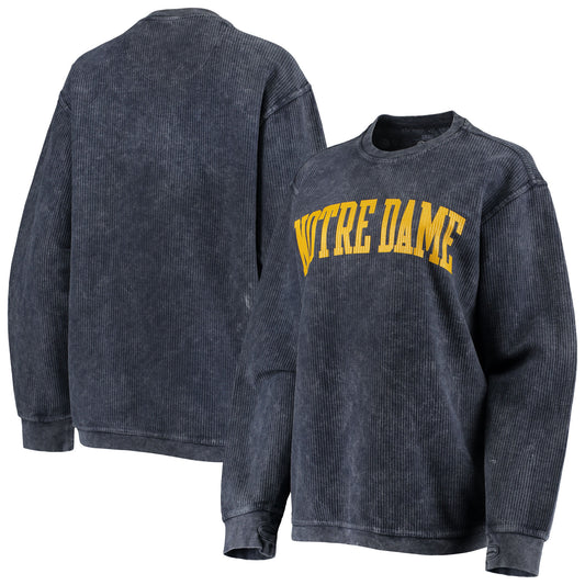 Women's Pressbox Navy Notre Dame Fighting Irish Comfy Cord Vintage Wash Basic Arch Pullover Sweatshirt