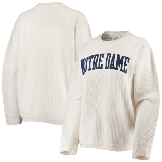 Women's Pressbox White Notre Dame Fighting Irish Comfy Cord Vintage Wash Basic Arch Pullover Sweatshirt