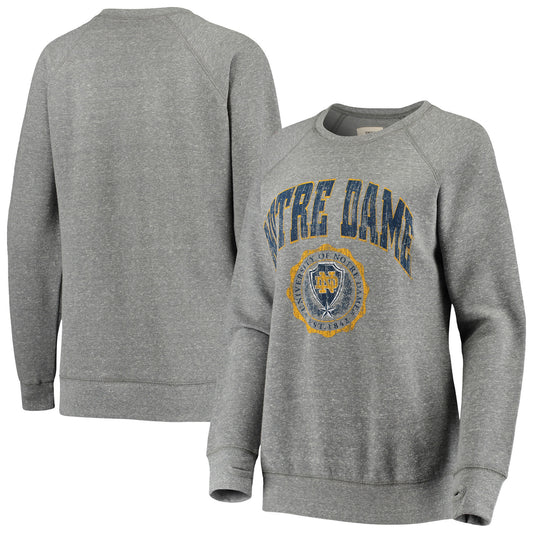 Women's Pressbox Heathered Gray Notre Dame Fighting Irish Distressed Edith Vintage Knobi Fleece Crew Sweatshirt