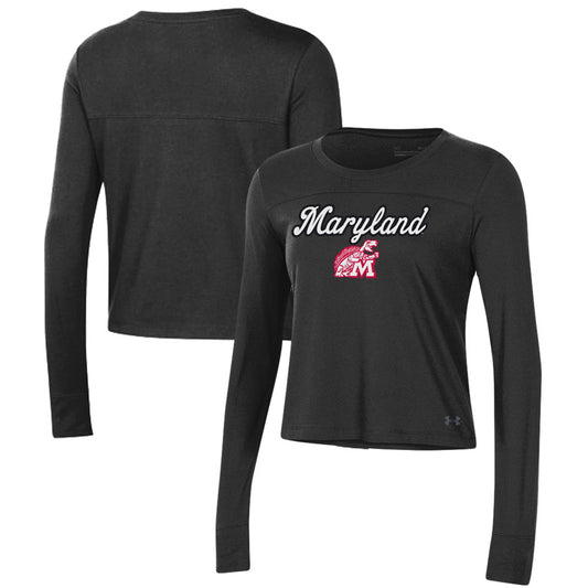 Women's Under Armour Black Maryland Terrapins Vault Cropped Long Sleeve T-Shirt