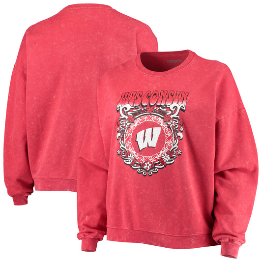 Women's ZooZatz Red Wisconsin Badgers Garment Wash Oversized Vintage Pullover Sweatshirt