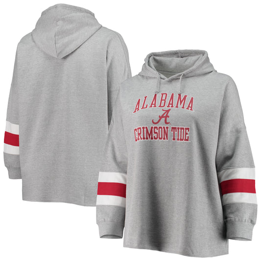 Women's Heathered Gray Alabama Crimson Tide Plus Size Sleeve Stripe Pullover Hoodie