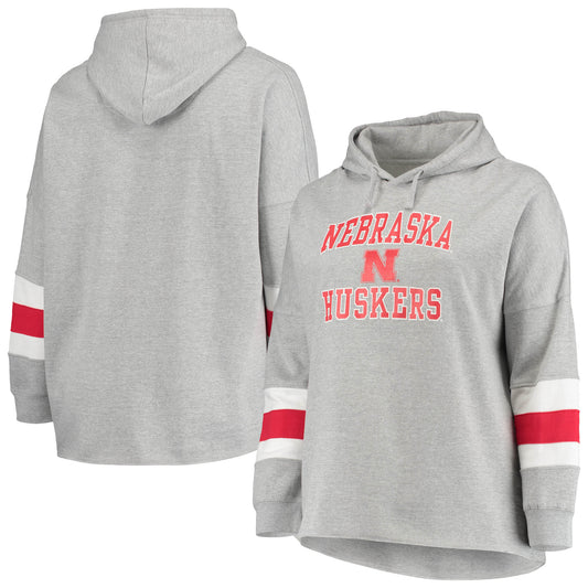 Women's Heathered Gray Nebraska Huskers Plus Size Sleeve Stripe Pullover Hoodie