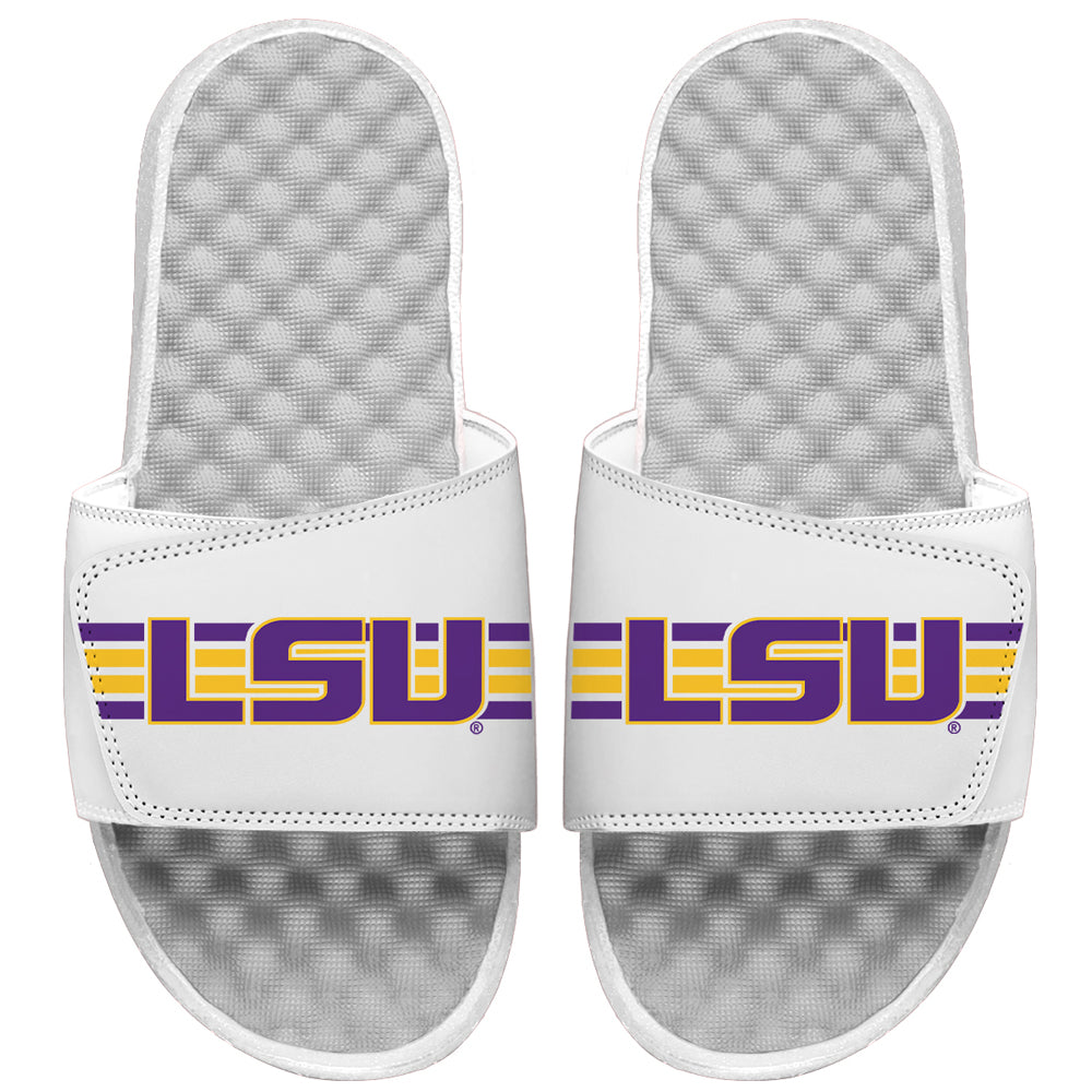 Youth ISlide White LSU Tigers Varsity Stripes Slide Sandals