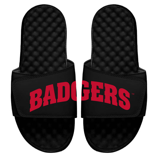 Youth ISlide Black Wisconsin Badgers Wordmark Split Slide Sandals