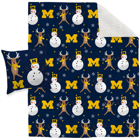 Michigan Wolverines Holiday Reindeer Blanket and Pillow Combo Set