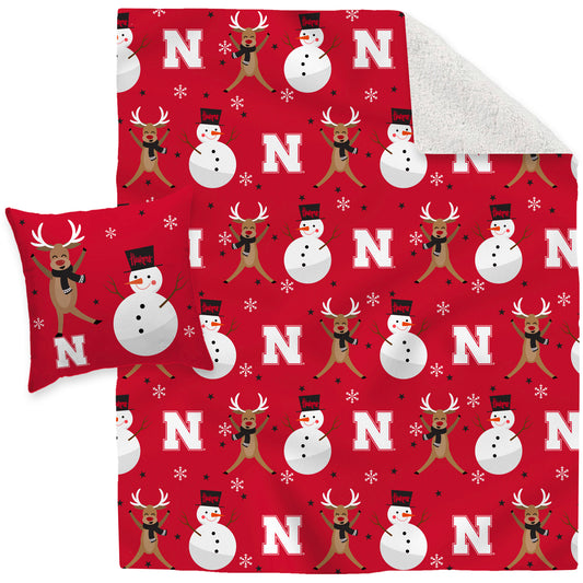 Nebraska Huskers Holiday Reindeer Blanket and Pillow Combo Set