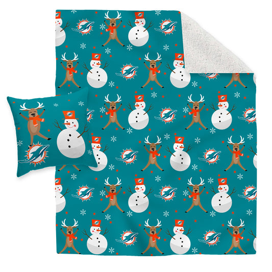 Miami Dolphins Holiday Reindeer Blanket and Pillow Combo Set