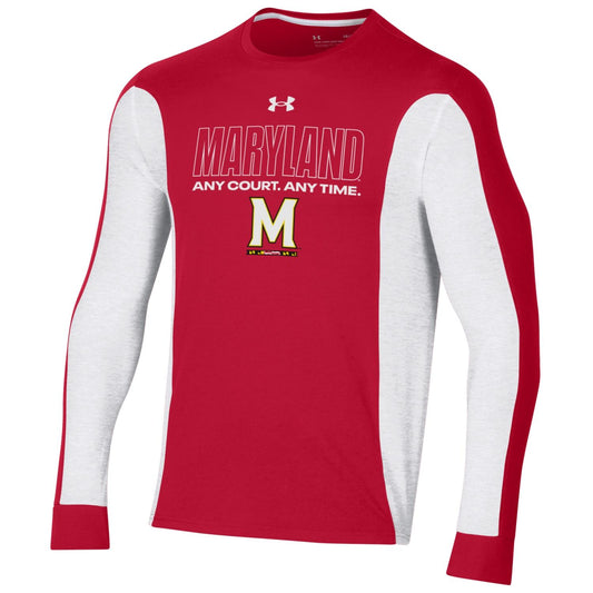 Men's Under Armour Red Maryland Terrapins On-Court Shooter Bench Long Sleeve T-Shirt