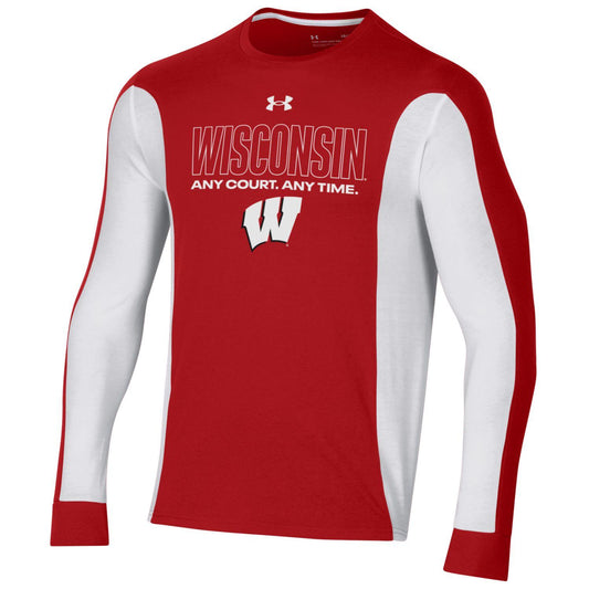 Men's Under Armour Red Wisconsin Badgers On-Court Shooter Bench Long Sleeve T-Shirt