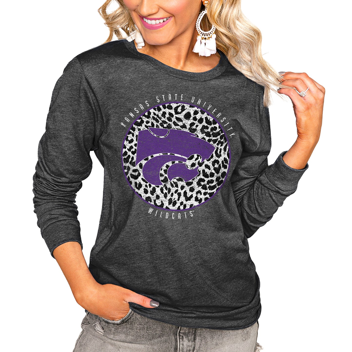 Women's Charcoal Kansas State Wildcats Call the Shots Oversized Long Sleeve T-Shirt