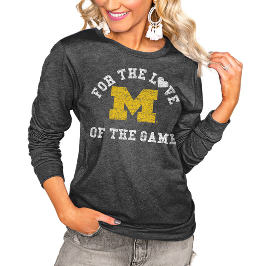 Women's Charcoal Michigan Wolverines For the Love Luxe Boyfriend Long Sleeve T-Shirt