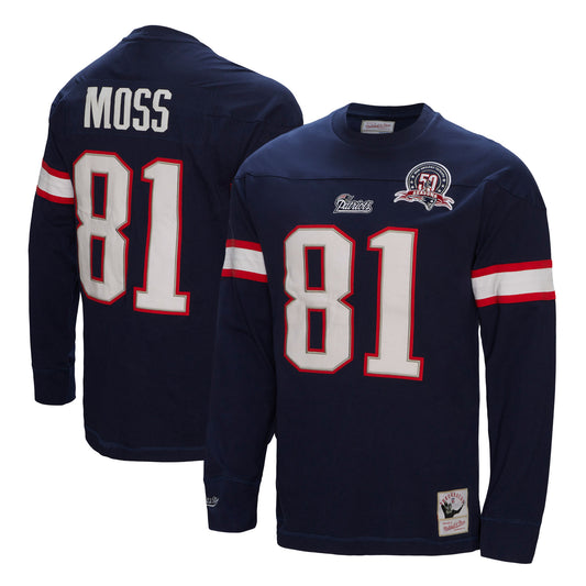 Men's Mitchell & Ness Randy Moss Navy New England Patriots Retired Player Name & Number Long Sleeve Top