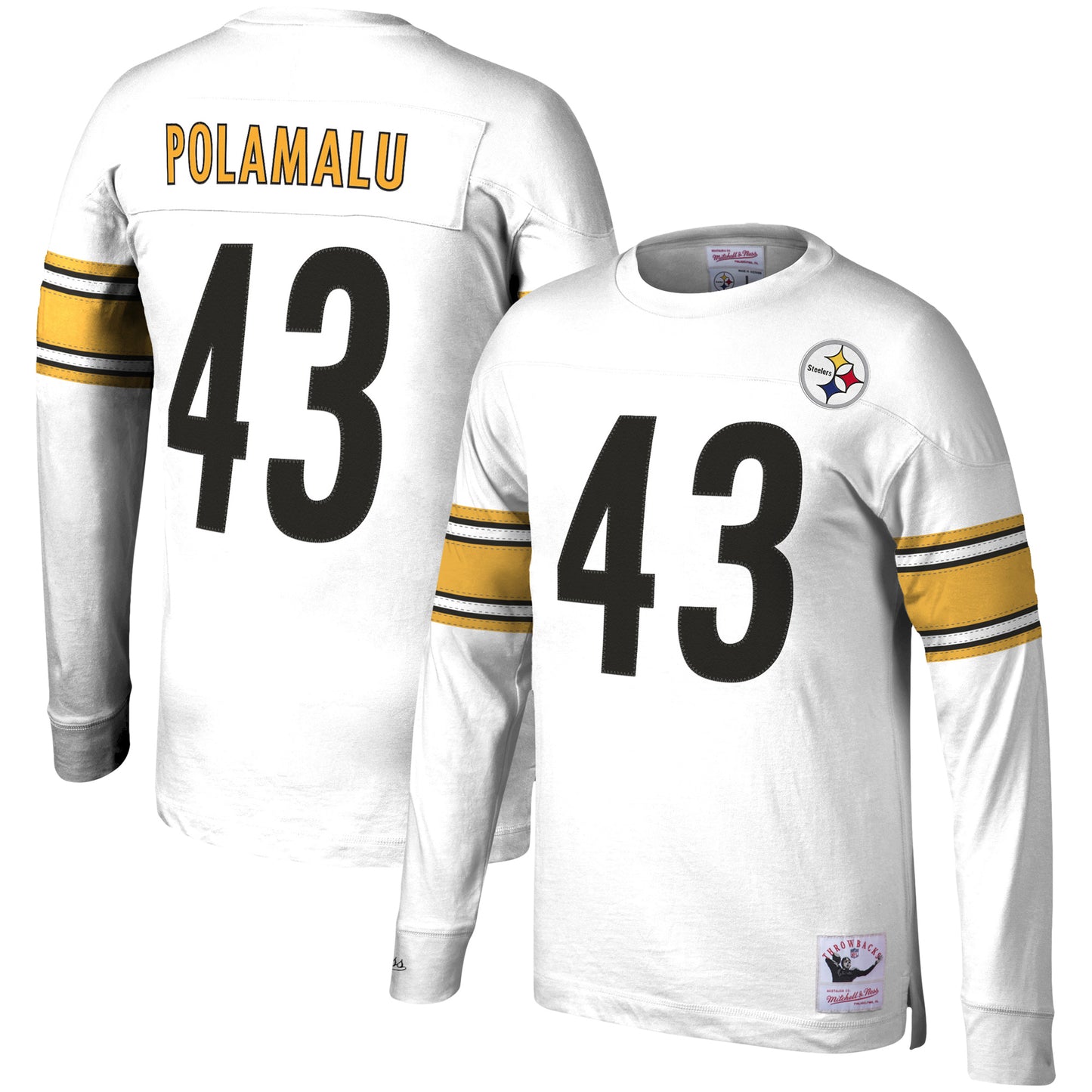 Men's Mitchell & Ness Troy Polamalu White Pittsburgh Steelers Retired Player Name & Number Long Sleeve Top