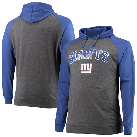 Men's Fanatics Royal/Heathered Charcoal New York Giants Big & Tall Lightweight Raglan Pullover Hoodie