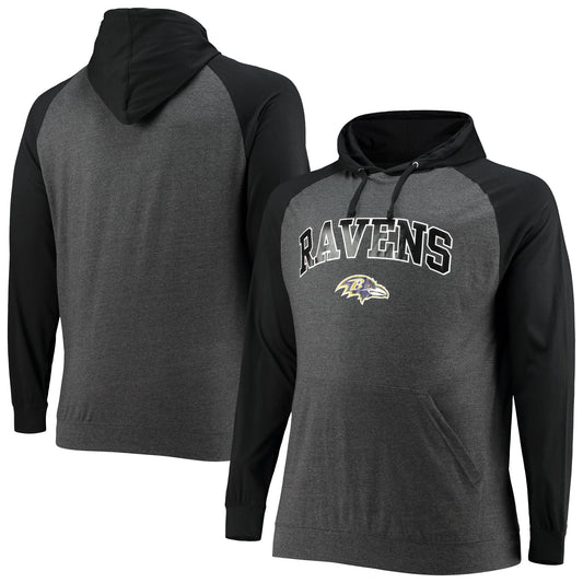Men's Fanatics Black/Heathered Charcoal Baltimore Ravens Big & Tall Lightweight Raglan Pullover Hoodie