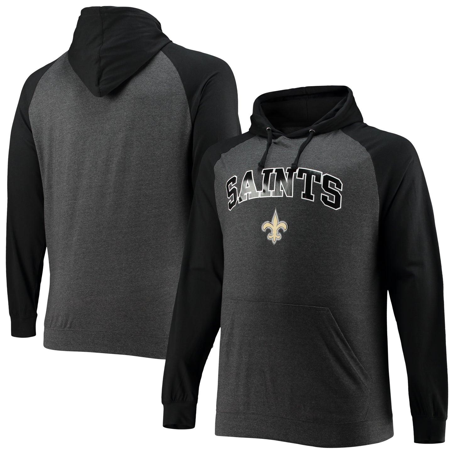 Men's Fanatics Black/Heathered Charcoal New Orleans Saints Big & Tall Lightweight Raglan Pullover Hoodie