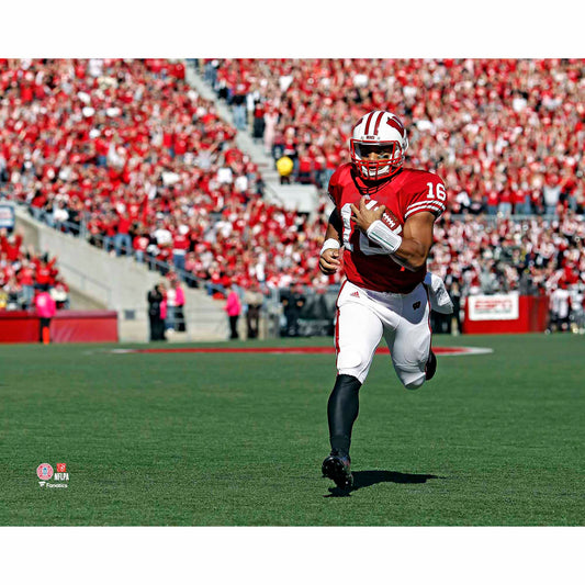 Russell Wilson Wisconsin Badgers Unsigned Red Jersey Running for Touchdown After Trick Play Reception Photograph