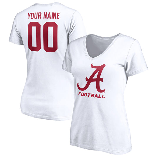 Women's White Alabama Crimson Tide Personalized Any Name & Number One Color V-Neck T-Shirt